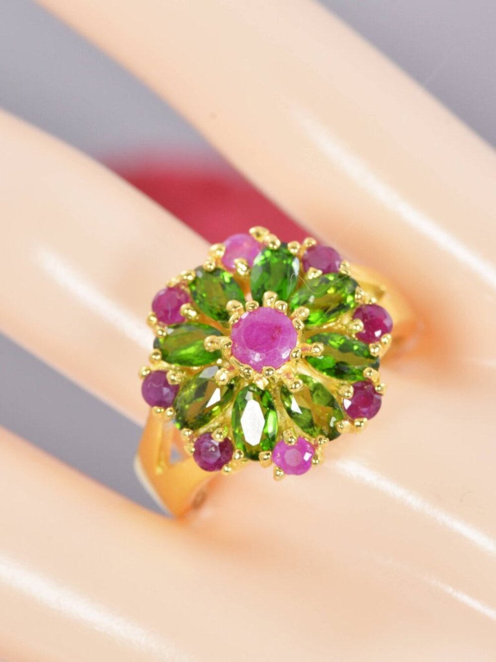 Natural Chrome Diopside and Natural Ruby Real 925 Sterling Silver sz 7
